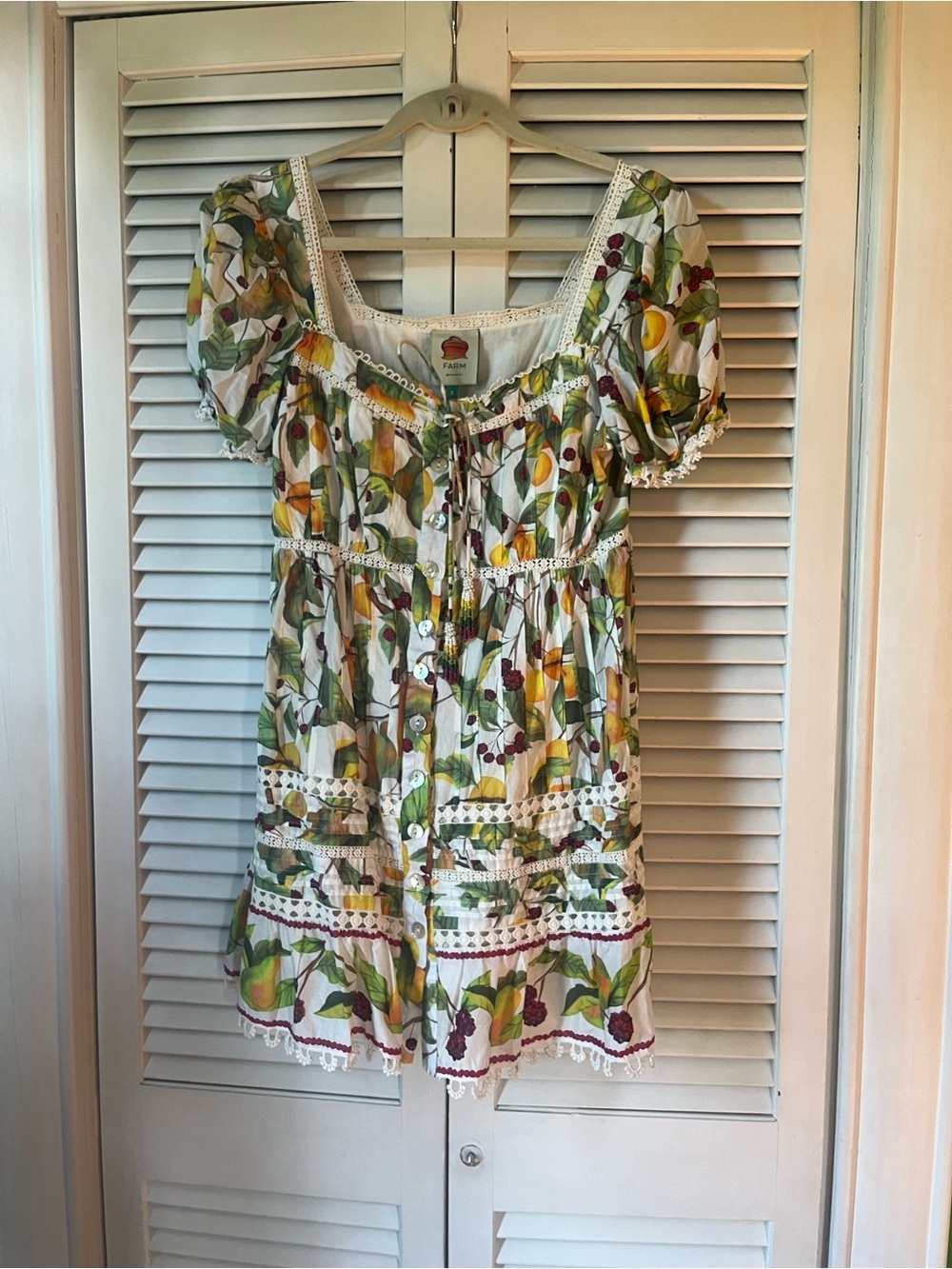 FARM Rio White Cotton Dress with Red Berry & Green Leaf Print